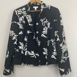 100% Silk Black and White Floral Print Lightweight Jacket Size 10